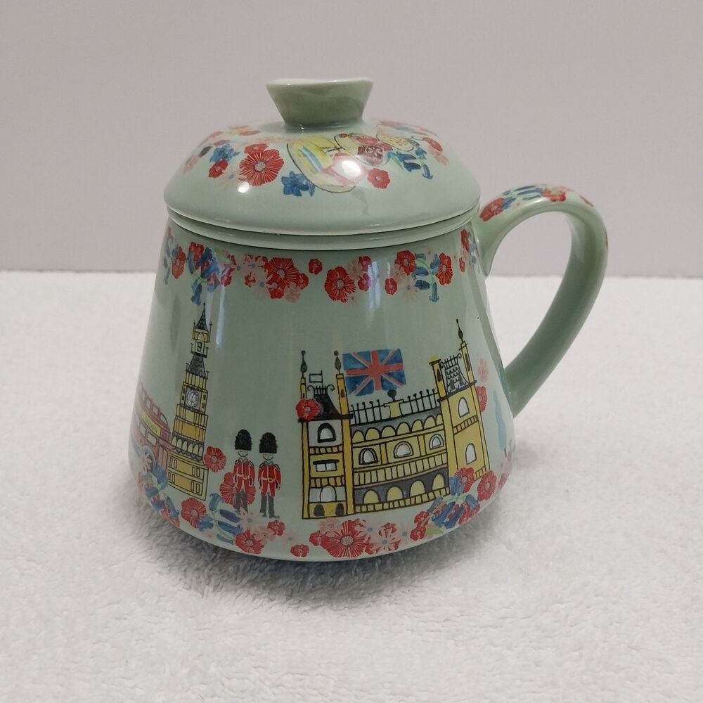 Covered TEA CUP With infuser London Green World Market Made In China #C029 - Picture 1 of 10